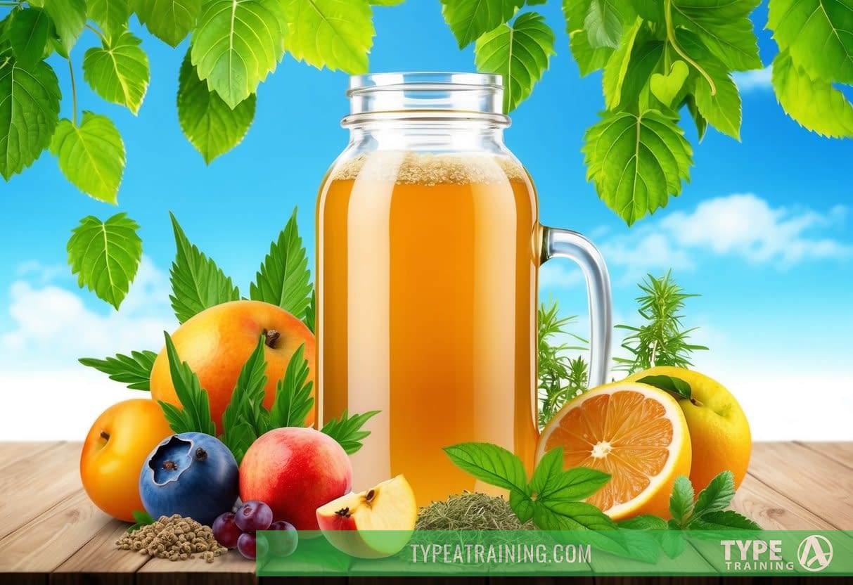 A glass jar of kombucha surrounded by various fruits and herbs, with a backdrop of lush green leaves and a clear blue sky