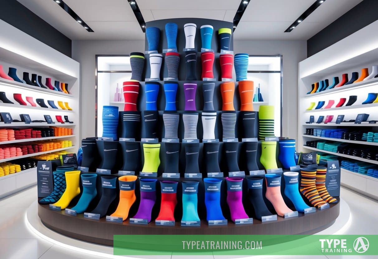 A colorful array of compression socks arranged in a neat display, with various patterns and sizes, surrounded by a modern and clean retail environment