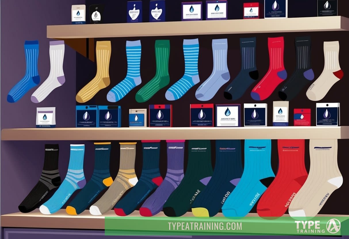 A variety of compression socks in different sizes and styles neatly arranged on a display shelf