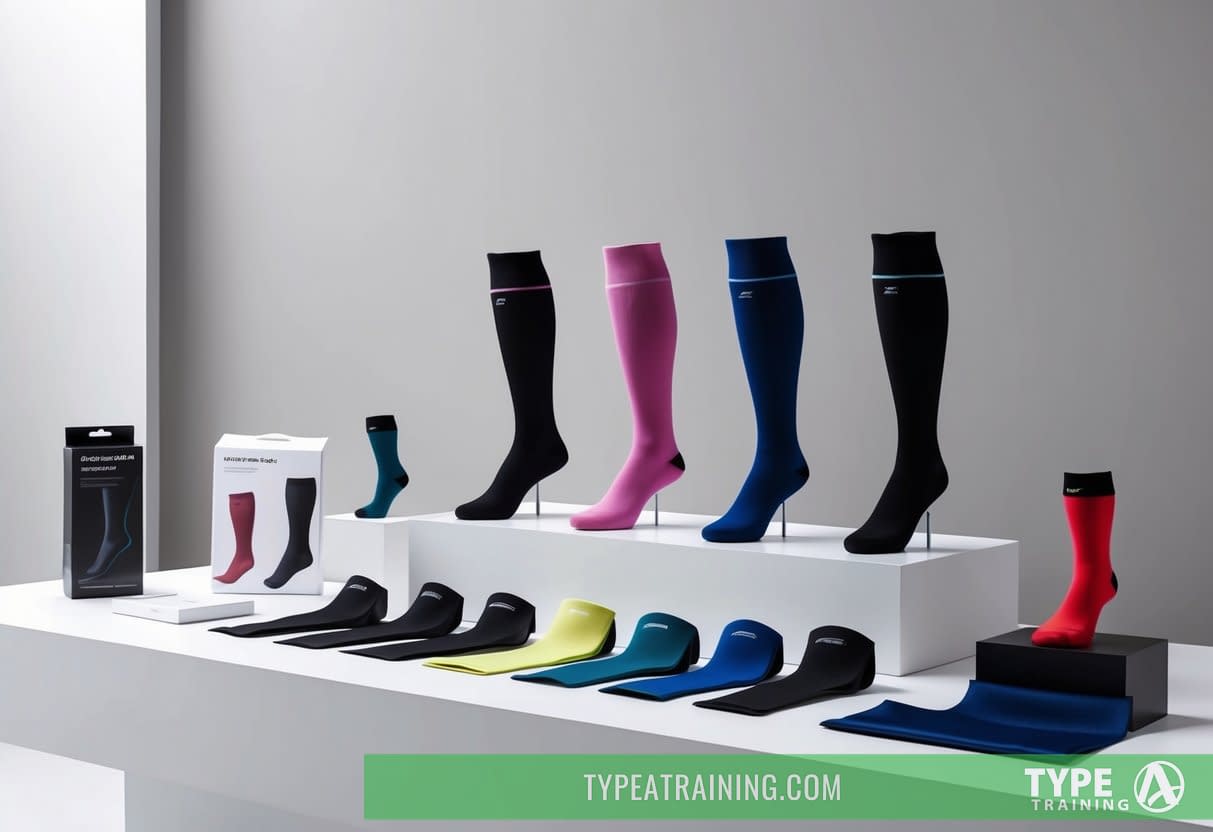 A colorful array of compression socks arranged in a modern, minimalist display with sleek packaging and high-tech fabric samples