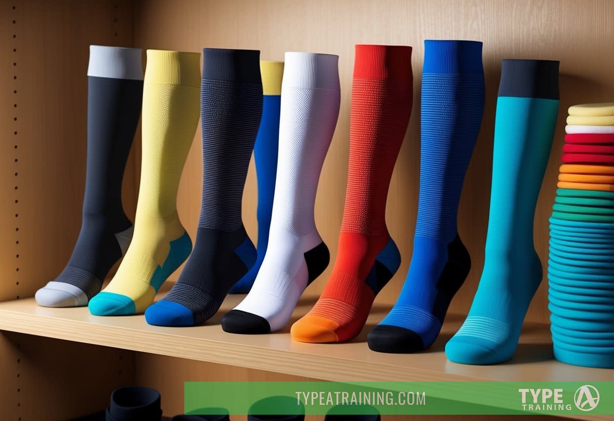 A stack of colorful compression socks with varying compression levels displayed on a shelf