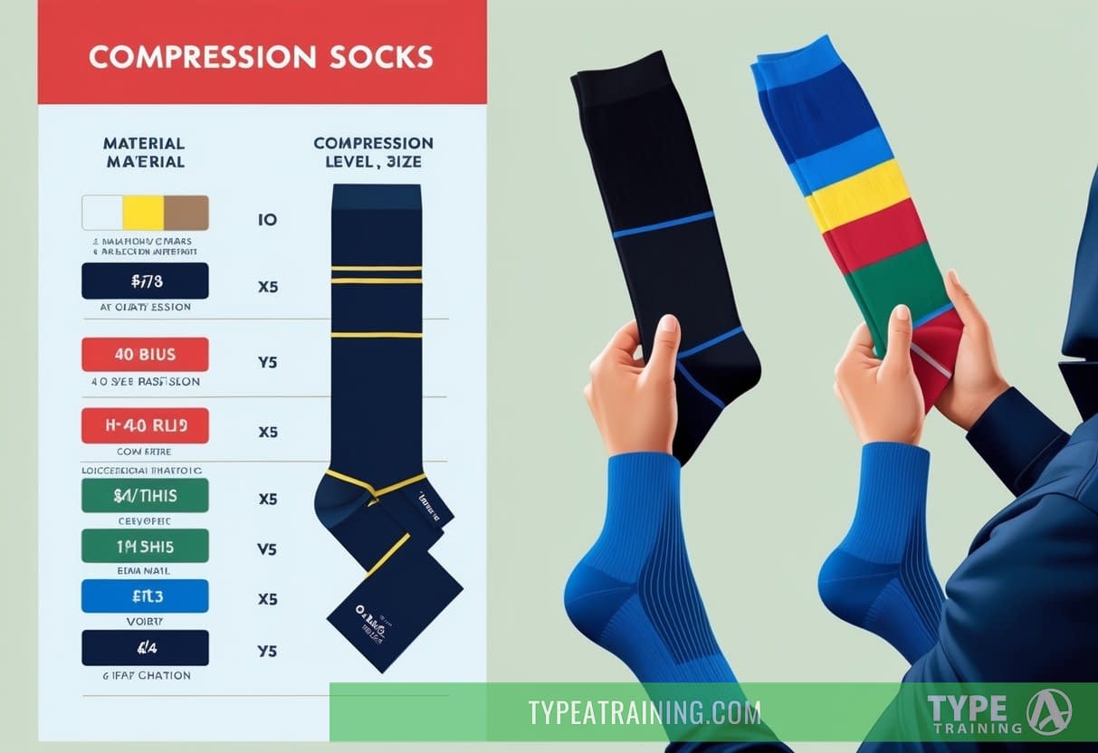 A person holding a variety of compression socks while looking at a chart comparing features such as material, compression level, and size options