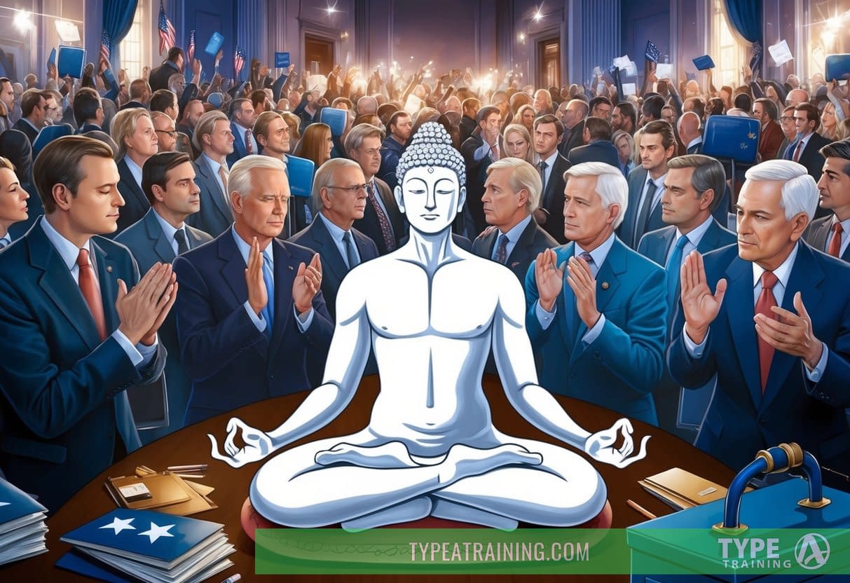 A serene figure meditates amidst a chaotic election scene, finding calm amidst the anxiety