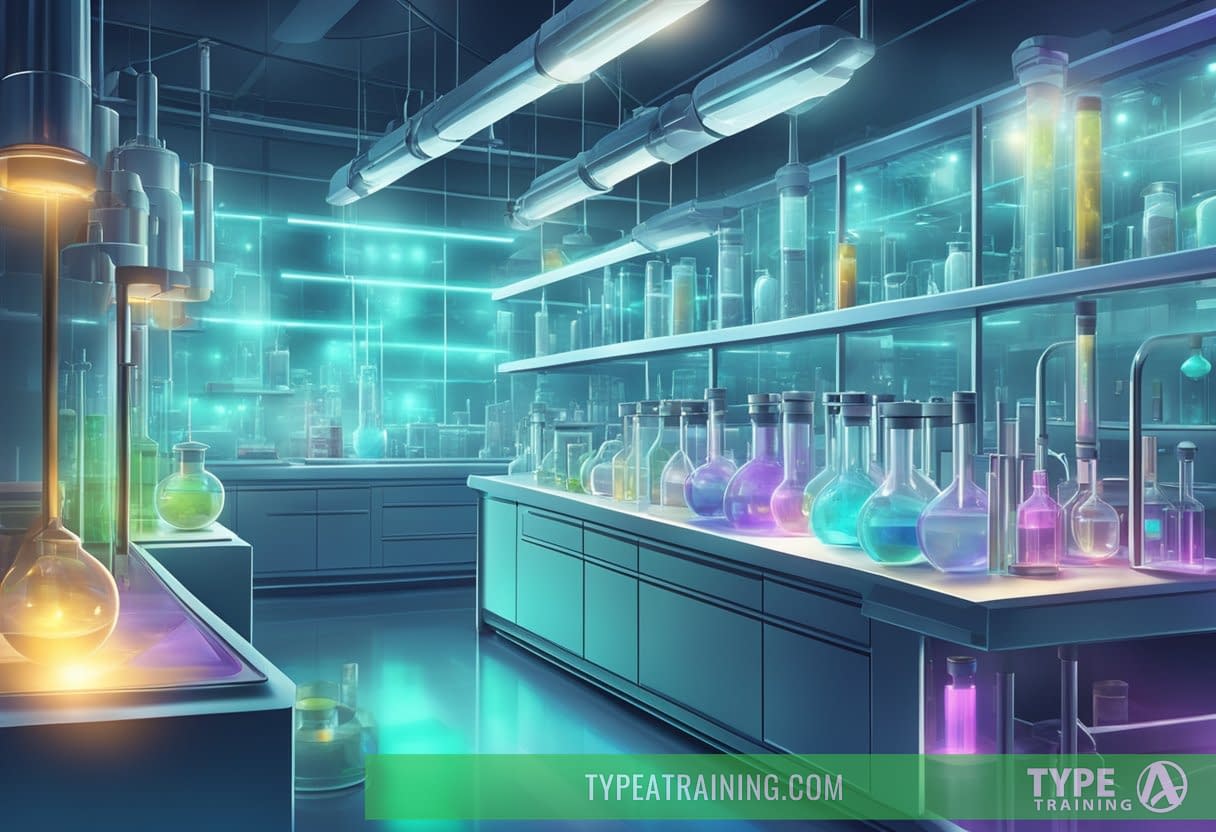 A futuristic laboratory with glowing vials and scientific equipment