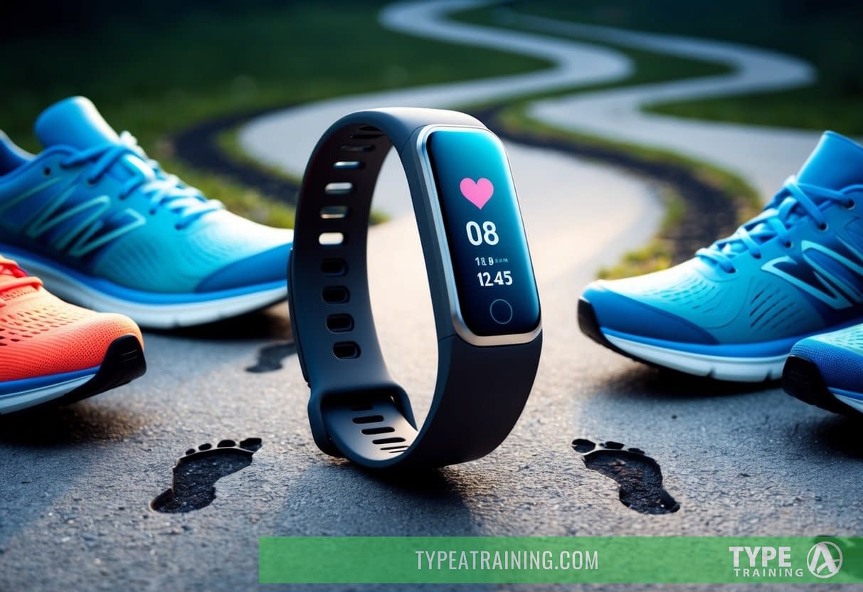 A sleek, futuristic wristband with a built-in heart rate monitor, surrounded by running shoes and a trail of footprints on a winding path