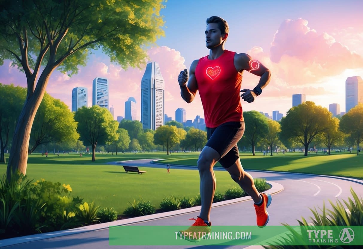 A runner wearing a sleek, futuristic heart rate monitor while jogging through a scenic, urban park in 2025