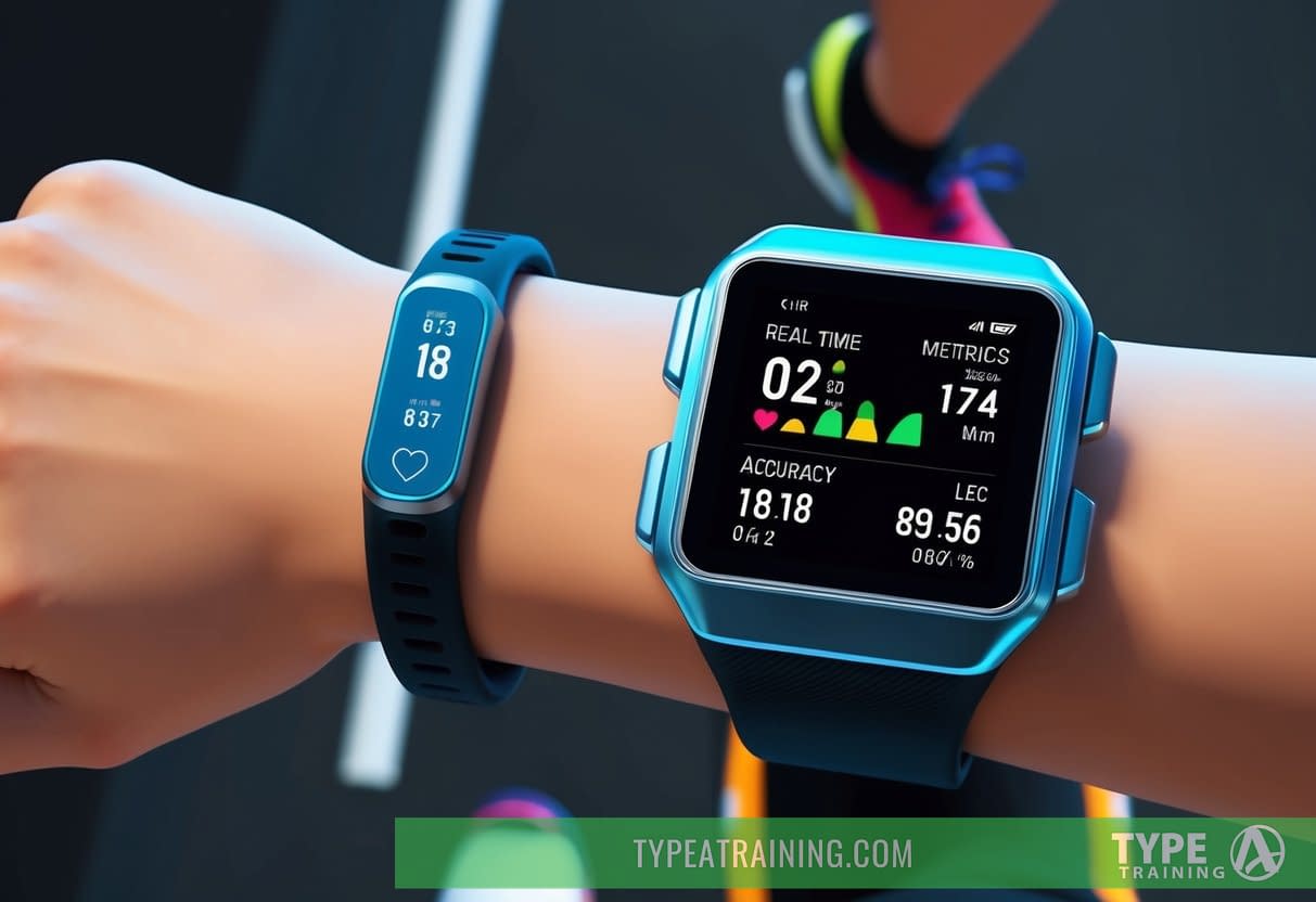 A sleek, futuristic heart rate monitor is strapped to a runner's wrist, displaying real-time performance metrics and accuracy data on a high-tech digital screen