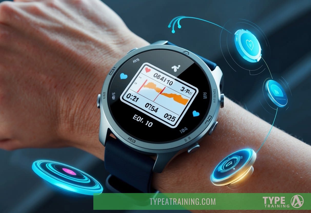 A runner's wrist with a sleek, high-tech heart rate monitor displaying real-time data, surrounded by futuristic connectivity features