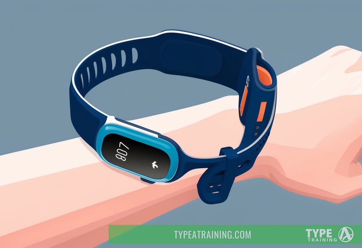 A sleek, lightweight heart rate monitor seamlessly integrated into a runner's wristband, with a comfortable and adjustable strap for a secure fit