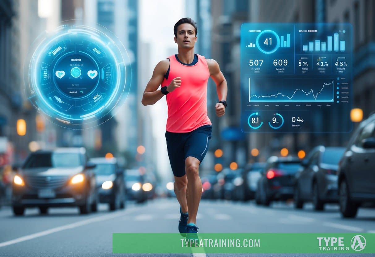 A runner wearing a sleek, futuristic heart rate monitor while jogging through a bustling city, with advanced technology and data analytics displayed in the background