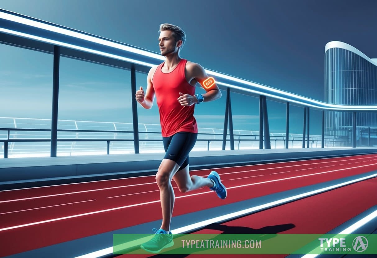 A runner with a futuristic heart rate monitor on their wrist, jogging on a sleek, urban track in 2025