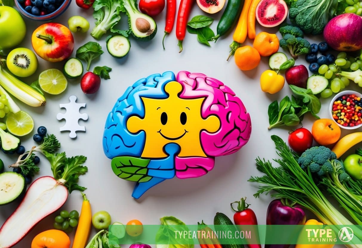 A colorful brain surrounded by various fruits, vegetables, and whole foods, with a puzzle piece and a happy face representing neurological and psychological health