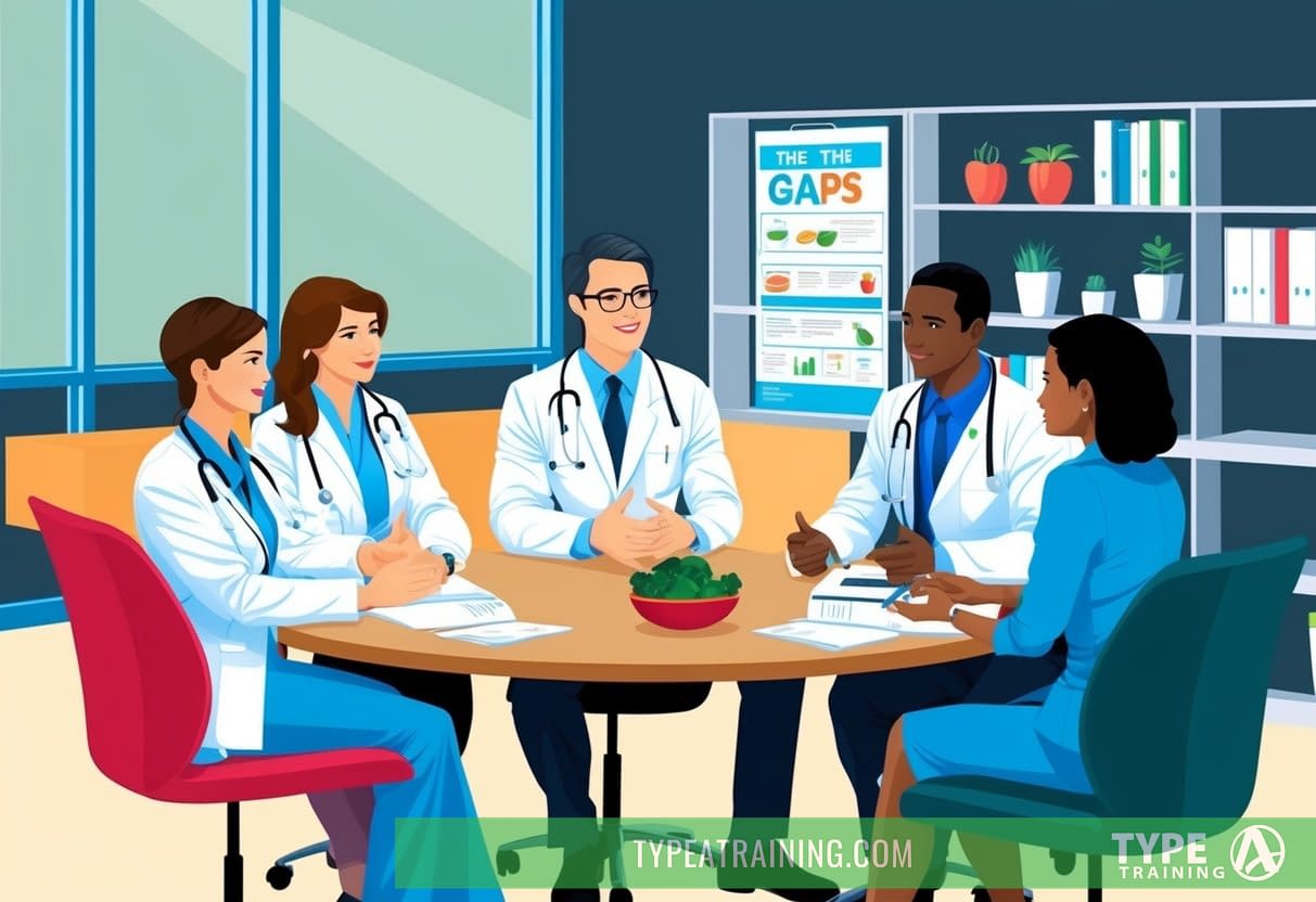 A group of healthcare professionals discussing the gaps diet and its impact on overall health in a modern office setting