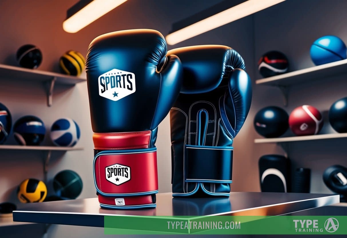 A pair of boxing gloves displayed on a shelf, surrounded by various other sports equipment. Bright colors and sleek design indicate high-quality materials