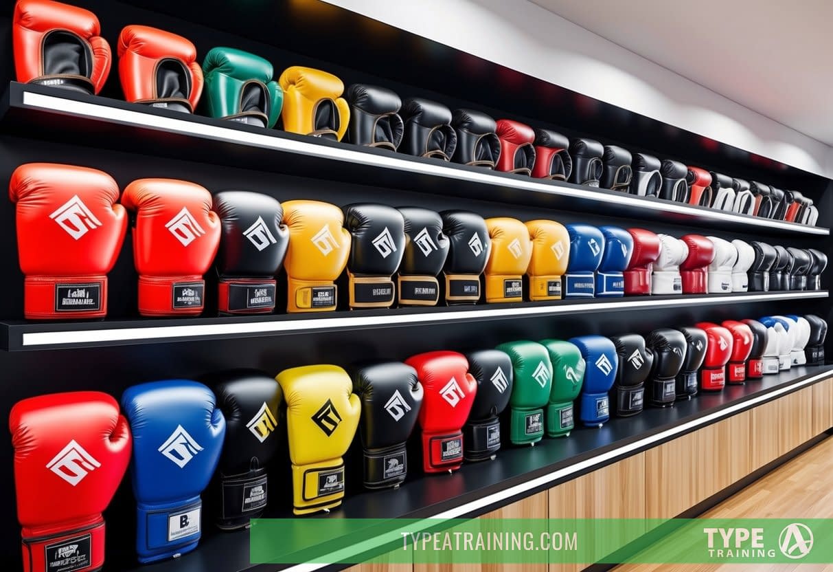 A display of various boxing gloves in different sizes, colors, and materials, arranged neatly on shelves in a sports equipment store