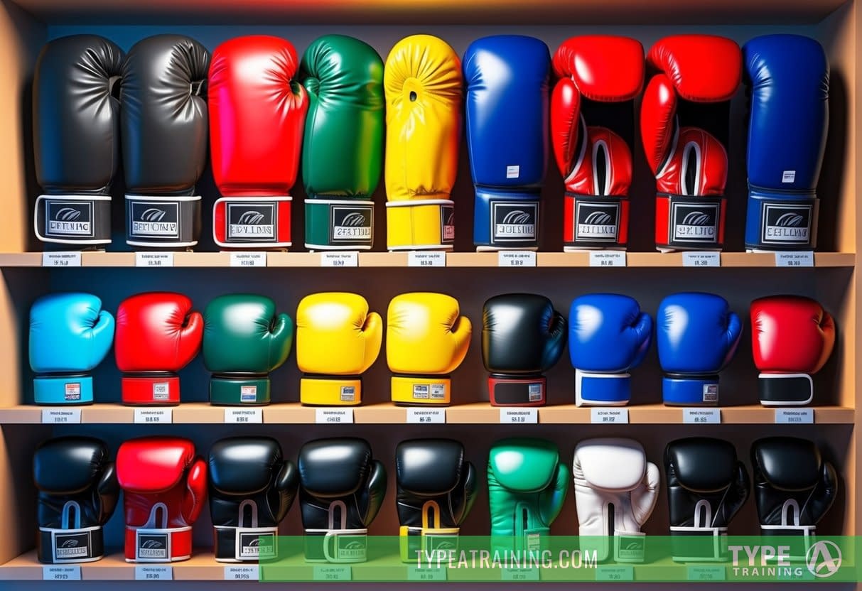 A display of various boxing gloves in different sizes, colors, and materials arranged neatly on shelves with price tags