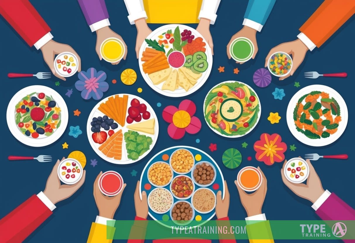 A festive table with colorful, nutrient-rich foods surrounded by cheerful decorations and a plate of portioned treats