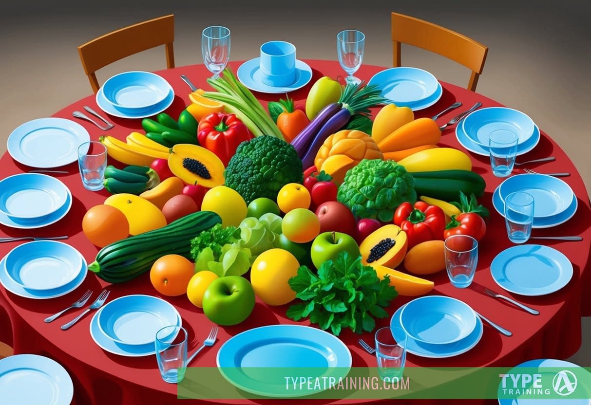 A table with colorful, fresh fruits and vegetables arranged in an appealing display, surrounded by empty plates and glasses