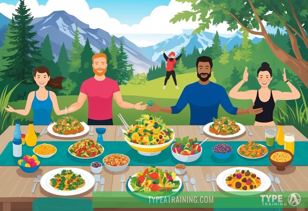 A festive table with colorful, nutrient-rich dishes and a variety of physical activities like hiking and yoga in a beautiful outdoor setting