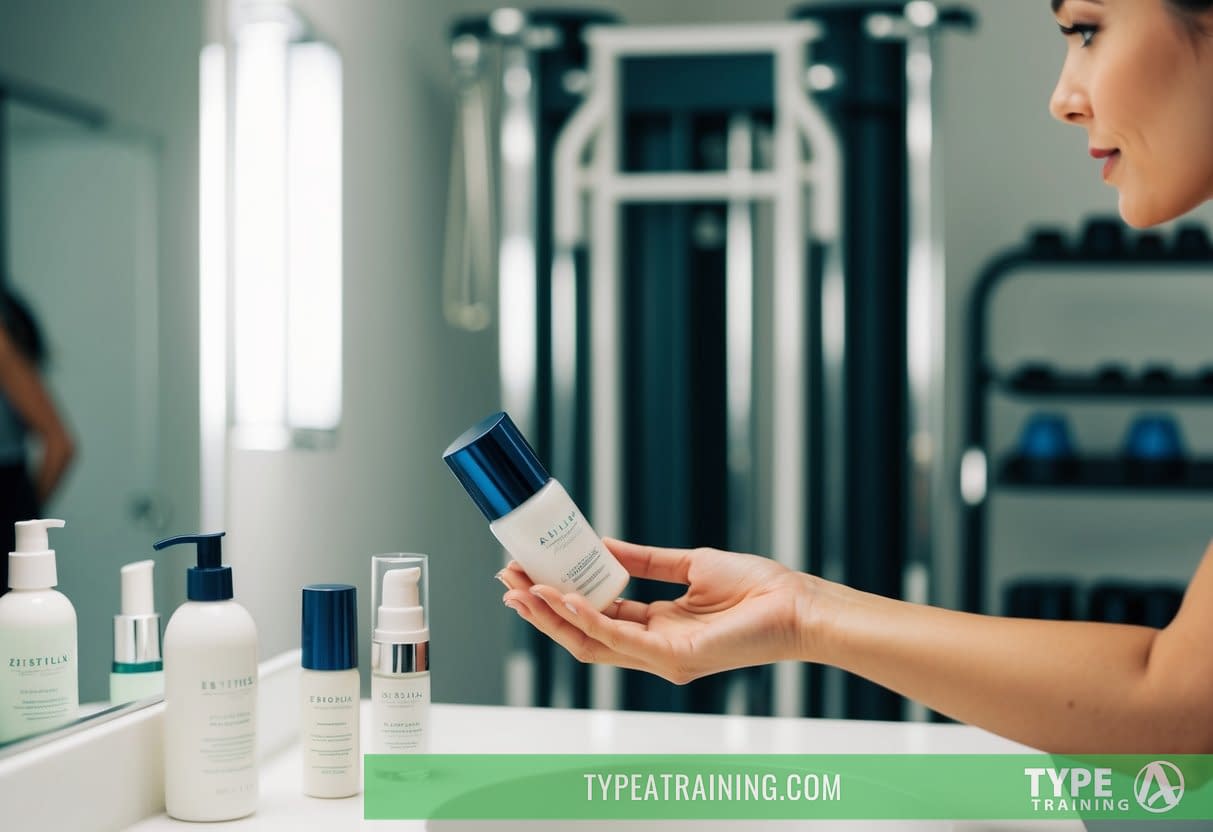 A woman's hand reaching for skincare products on a bathroom counter, with exercise equipment in the background