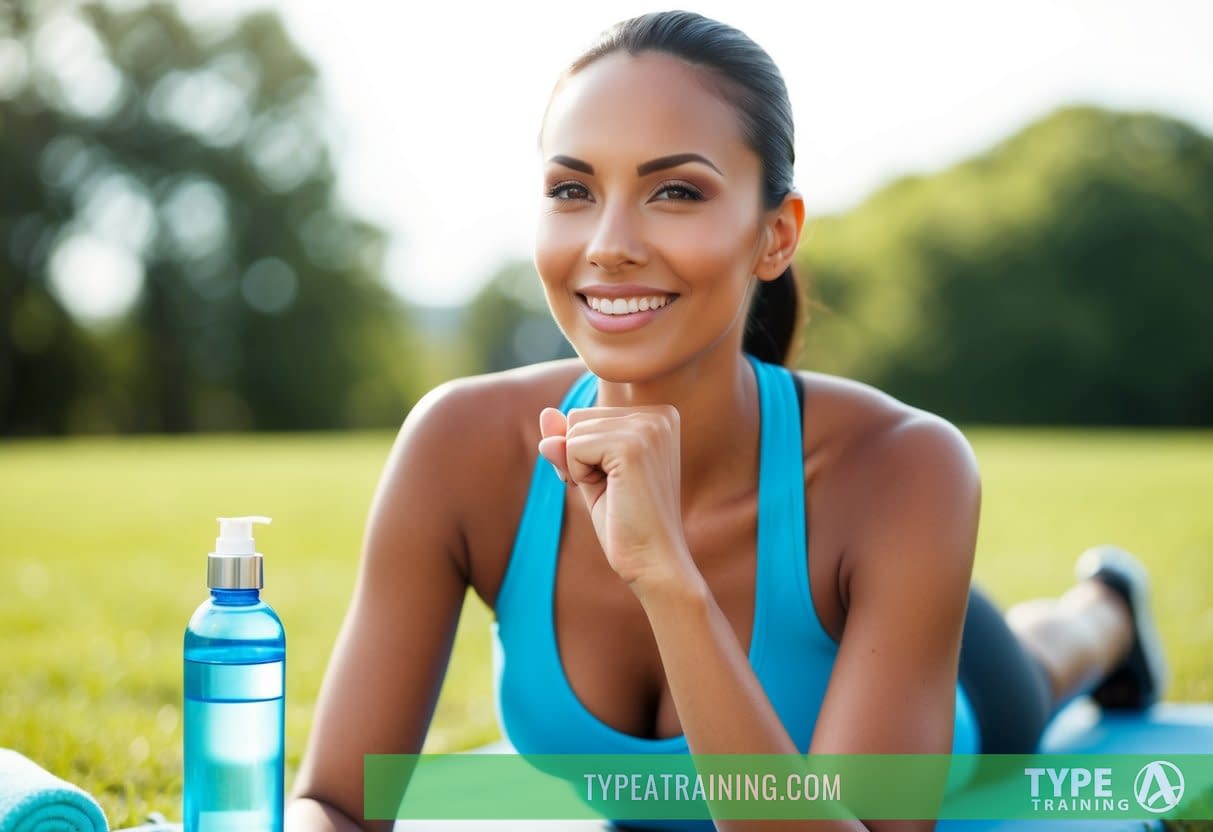 A woman with a radiant complexion exercises outdoors, her skin glowing with health. A water bottle, towel, and skincare products are nearby