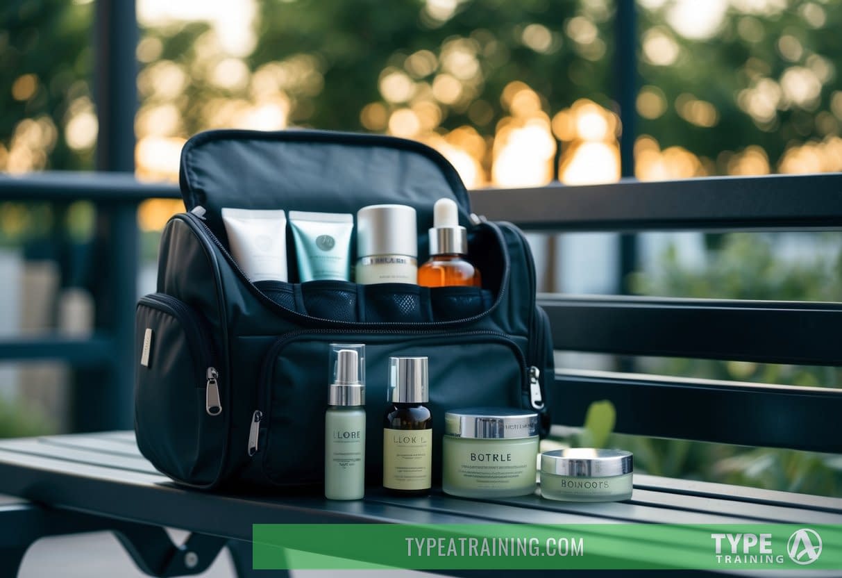 A gym bag open on a bench, with skincare products and ingredients neatly organized for pre and post-workout use