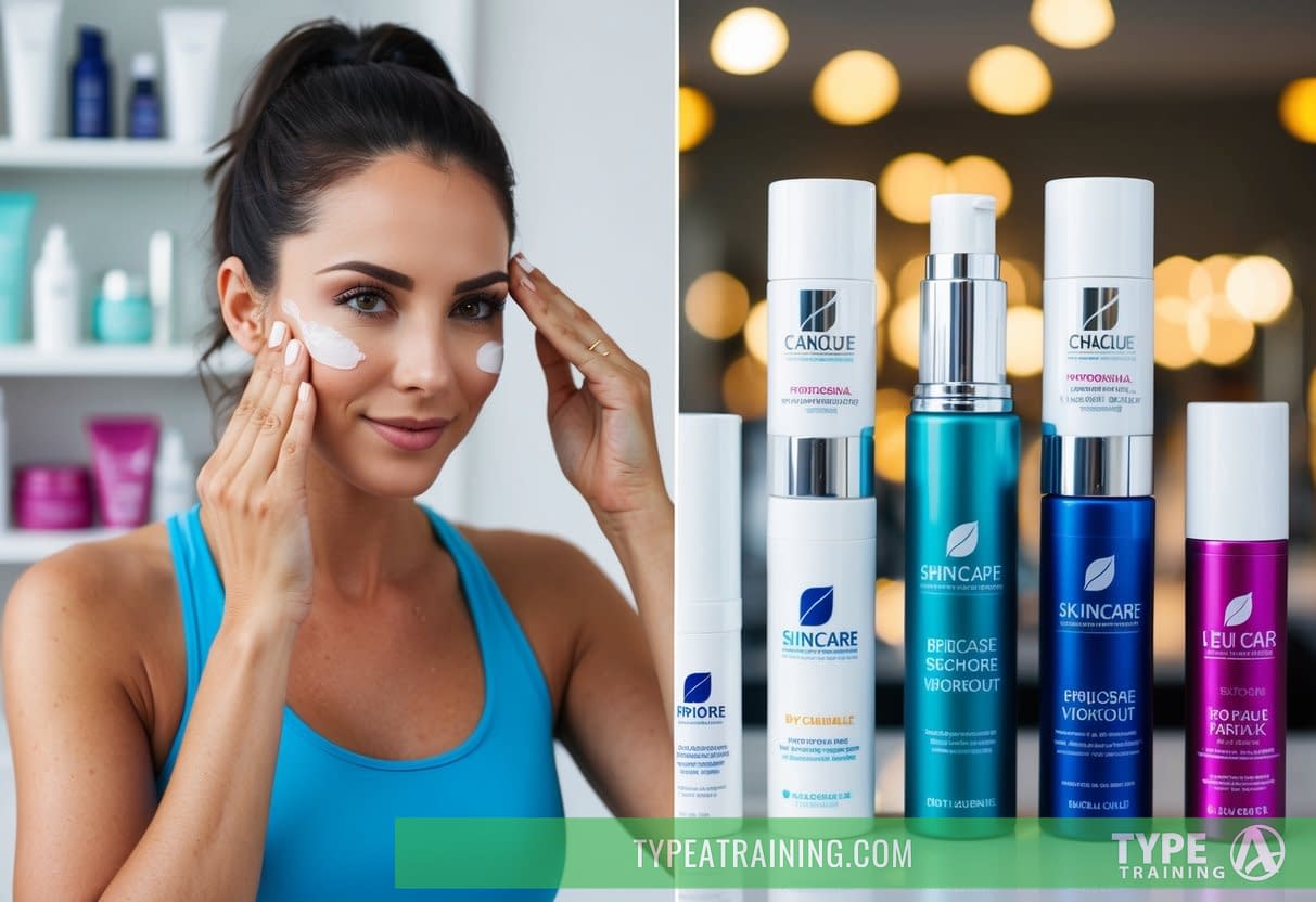 A woman applying skincare products before and after a workout, with various skincare brands displayed in the background
