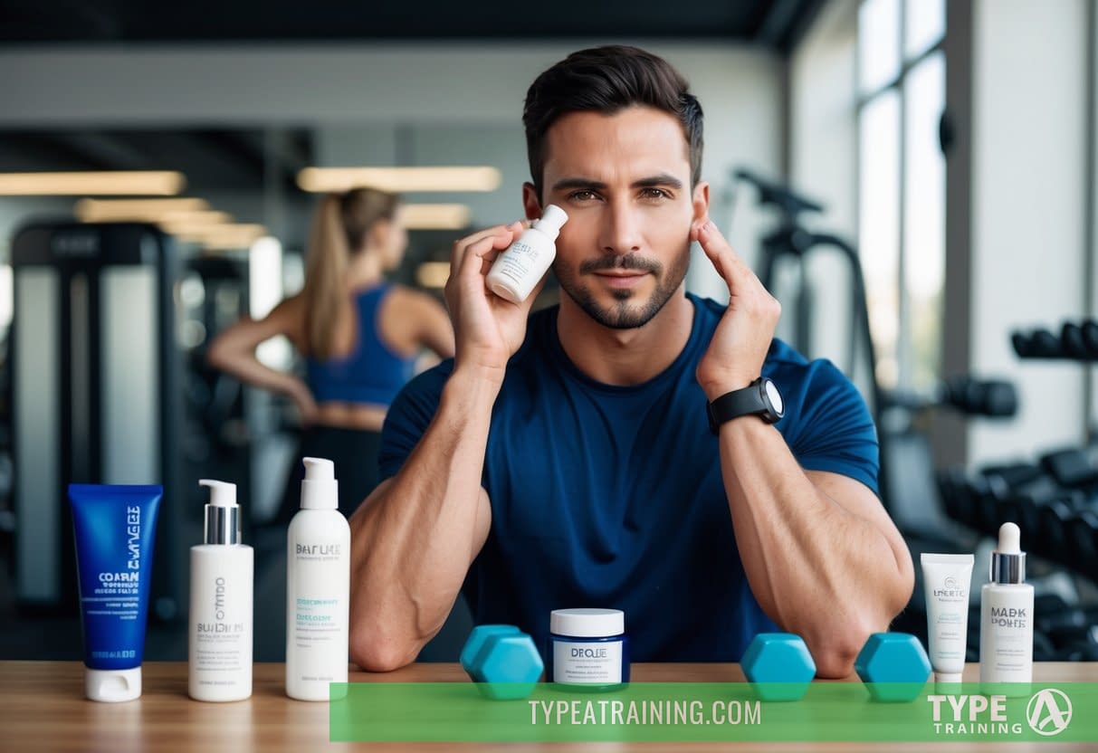 A man applying skincare products before and after working out, with various skincare brands and workout equipment in the background