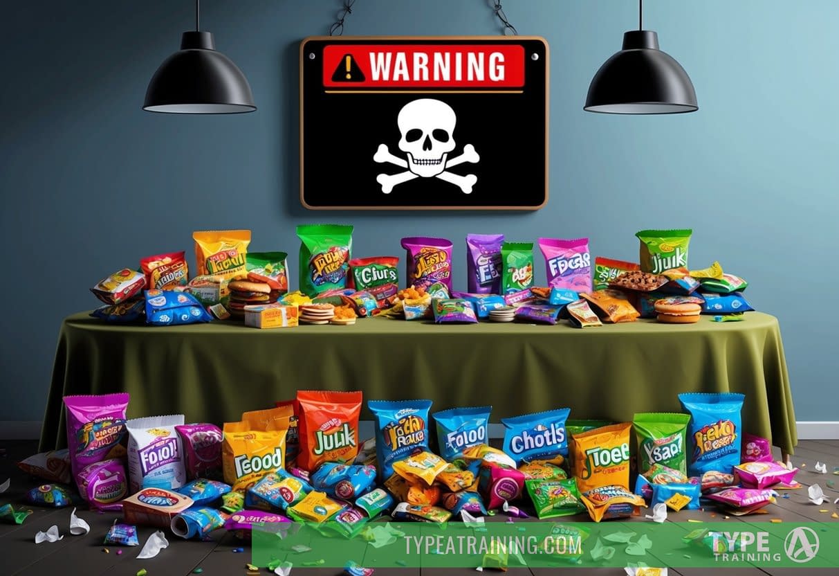 A table overflowing with colorful, packaged junk food. Empty wrappers litter the floor. A warning sign with a skull and crossbones hangs above