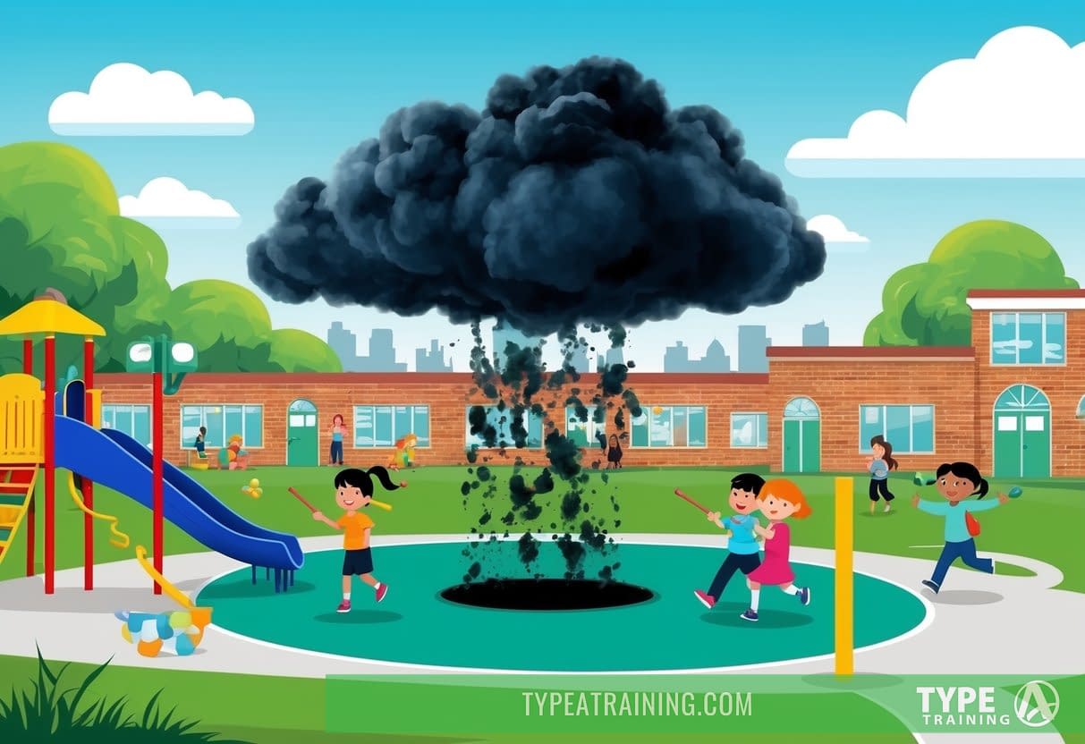 A dark cloud of toxic chemicals hovers over a school playground, while children play unaware