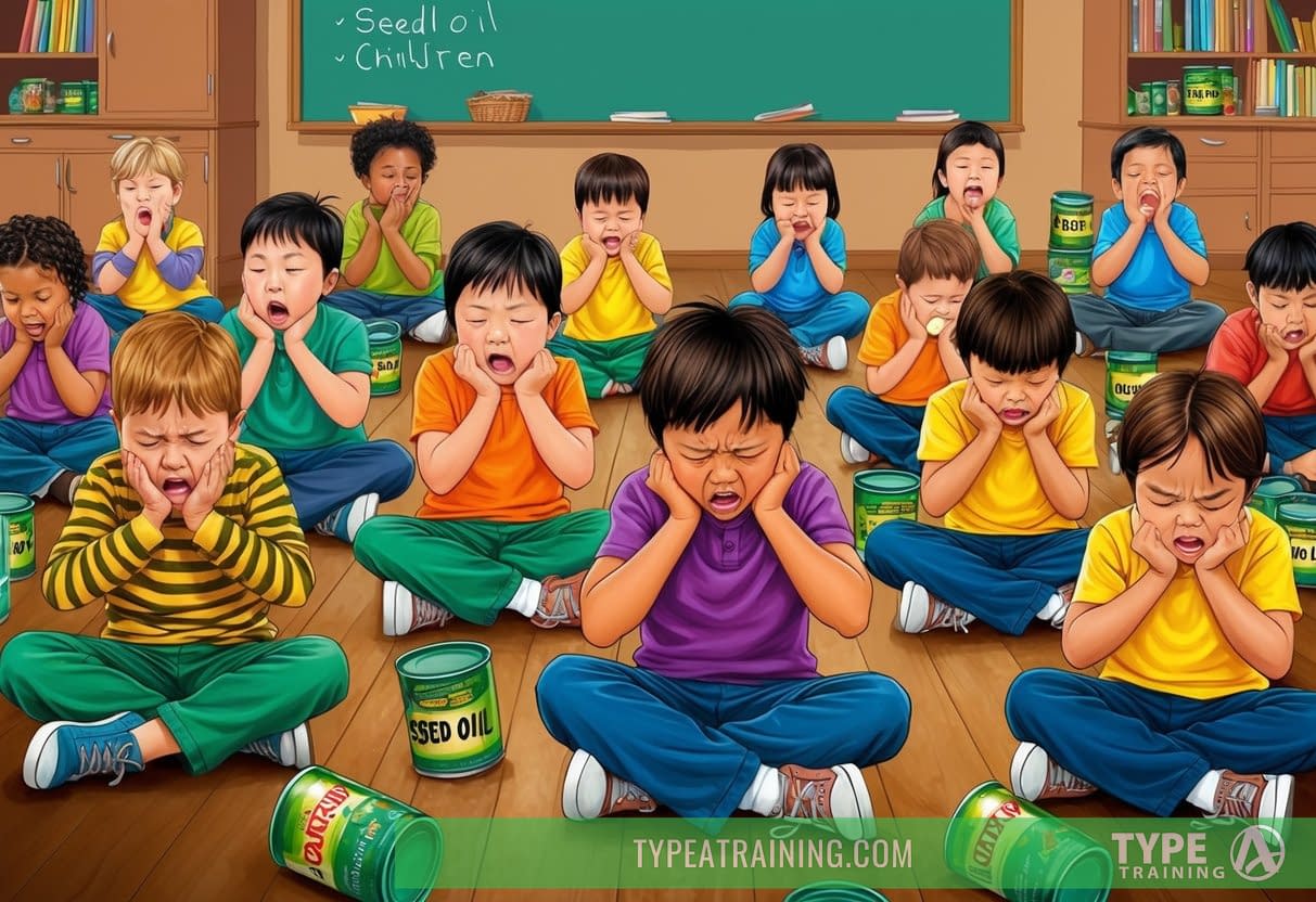 A classroom of children clutching their stomachs in pain, surrounded by discarded seed oil containers