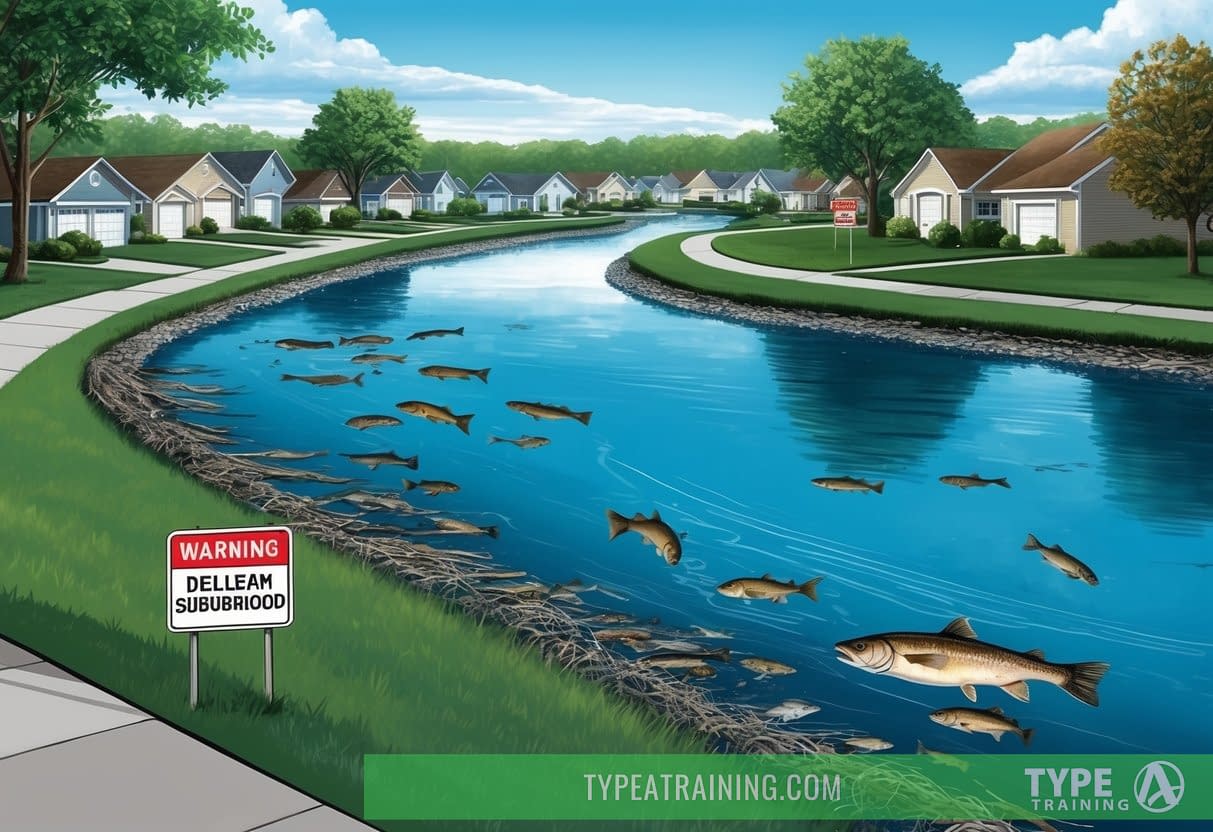 A polluted river flows through a suburban neighborhood, with dead fish floating on the surface and warning signs posted along the banks