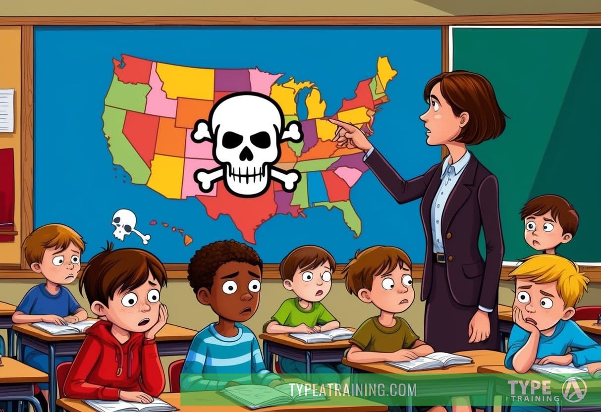 A group of children in a classroom, looking sick and disoriented, while a teacher points to a map of America with a skull and crossbones over it