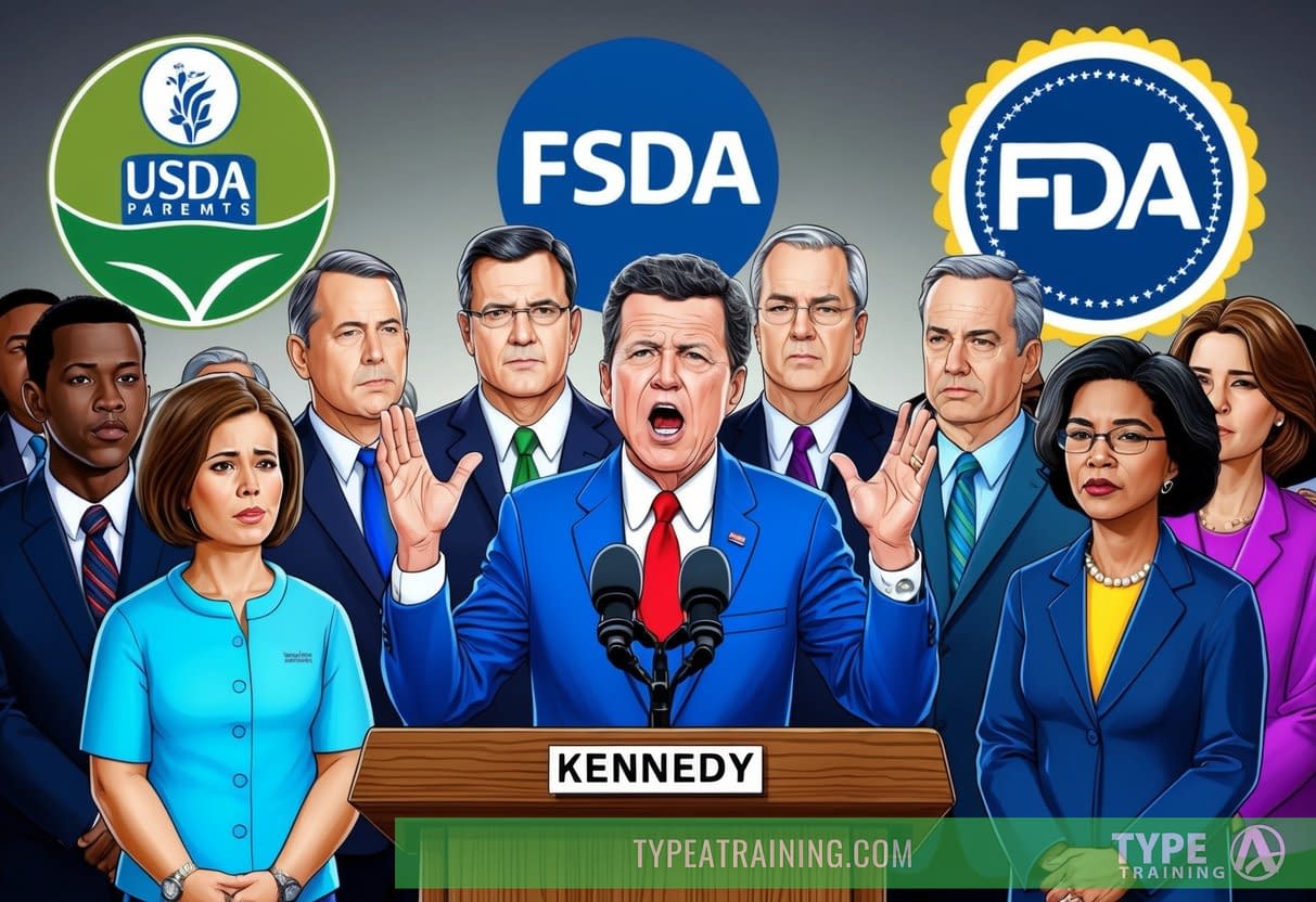 Kennedy passionately speaking at a podium, surrounded by concerned parents and officials, with the USDA and FDA logos in the background