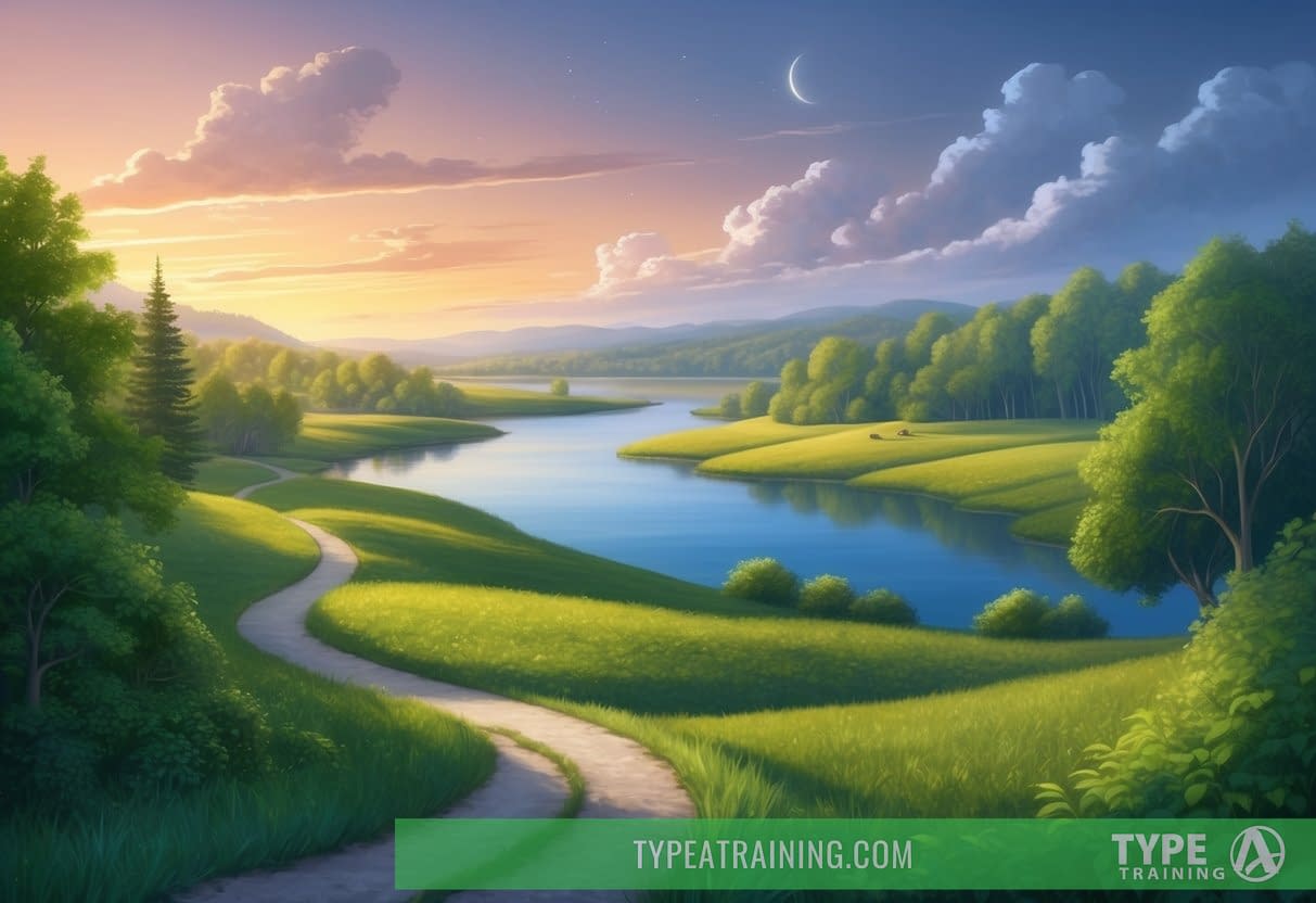 A serene landscape with a morning and evening sky, featuring a winding path through lush greenery and a serene body of water