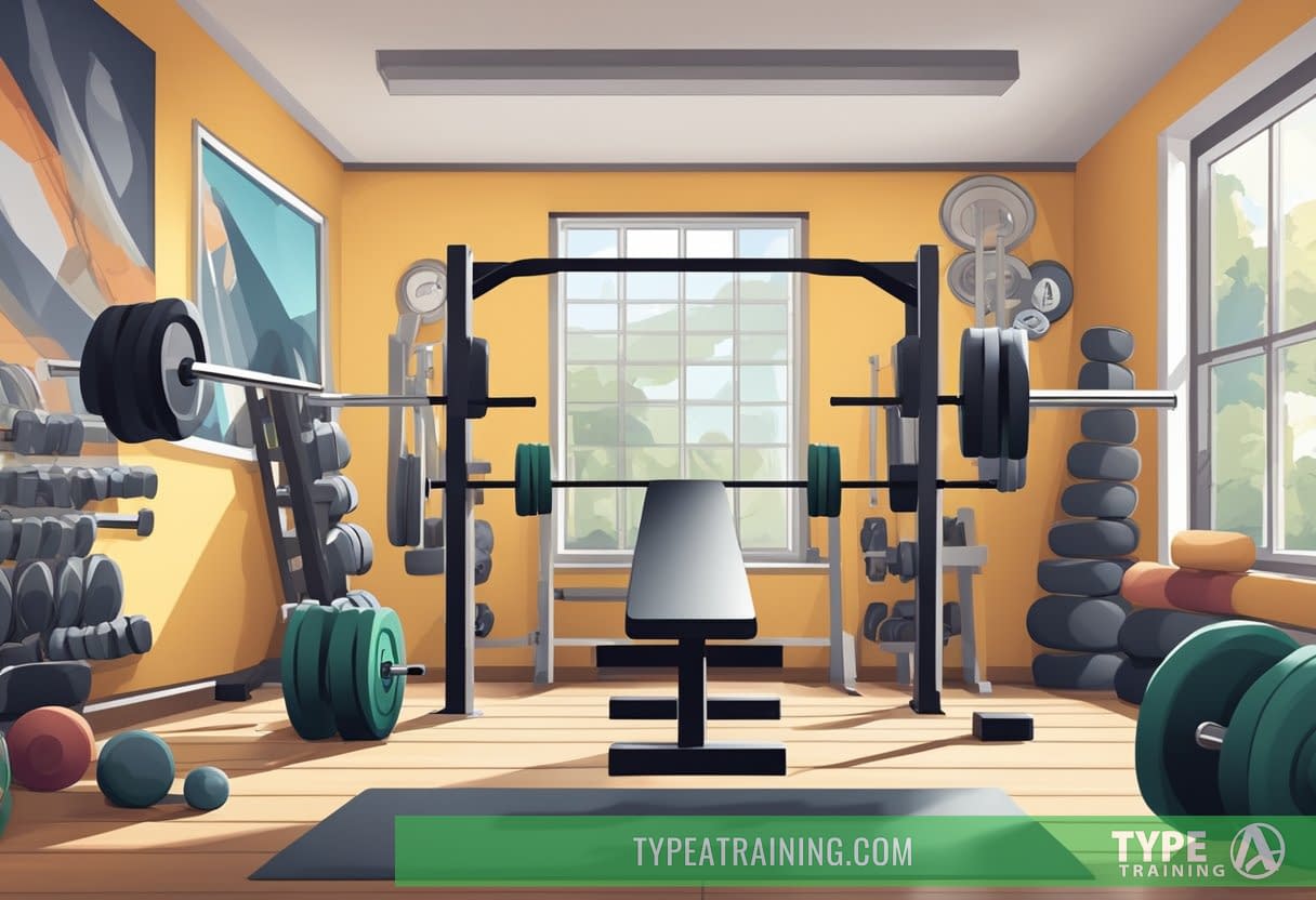 A weight bench with a barbell and weights, surrounded by gym equipment and motivational posters on the walls