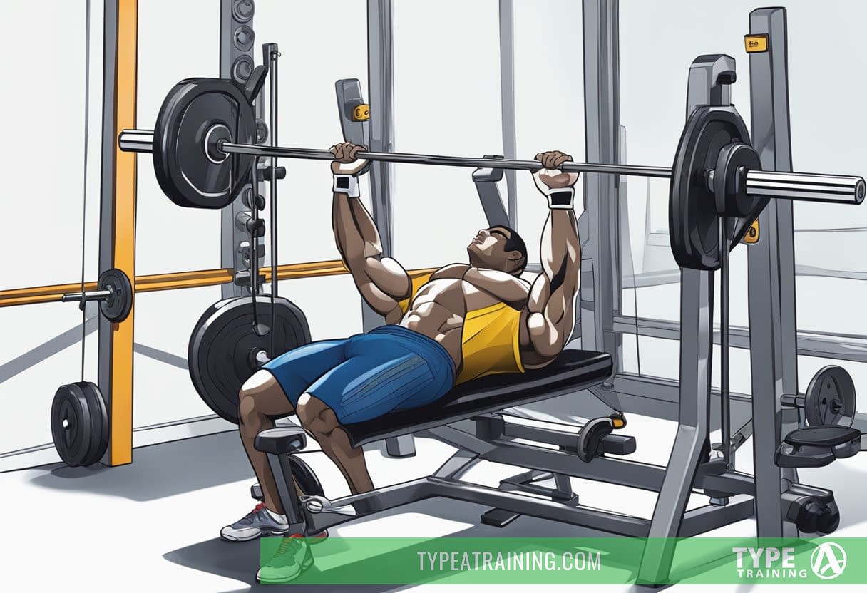 A weight bench with a loaded barbell, surrounded by various strength training equipment and a focused atmosphere
