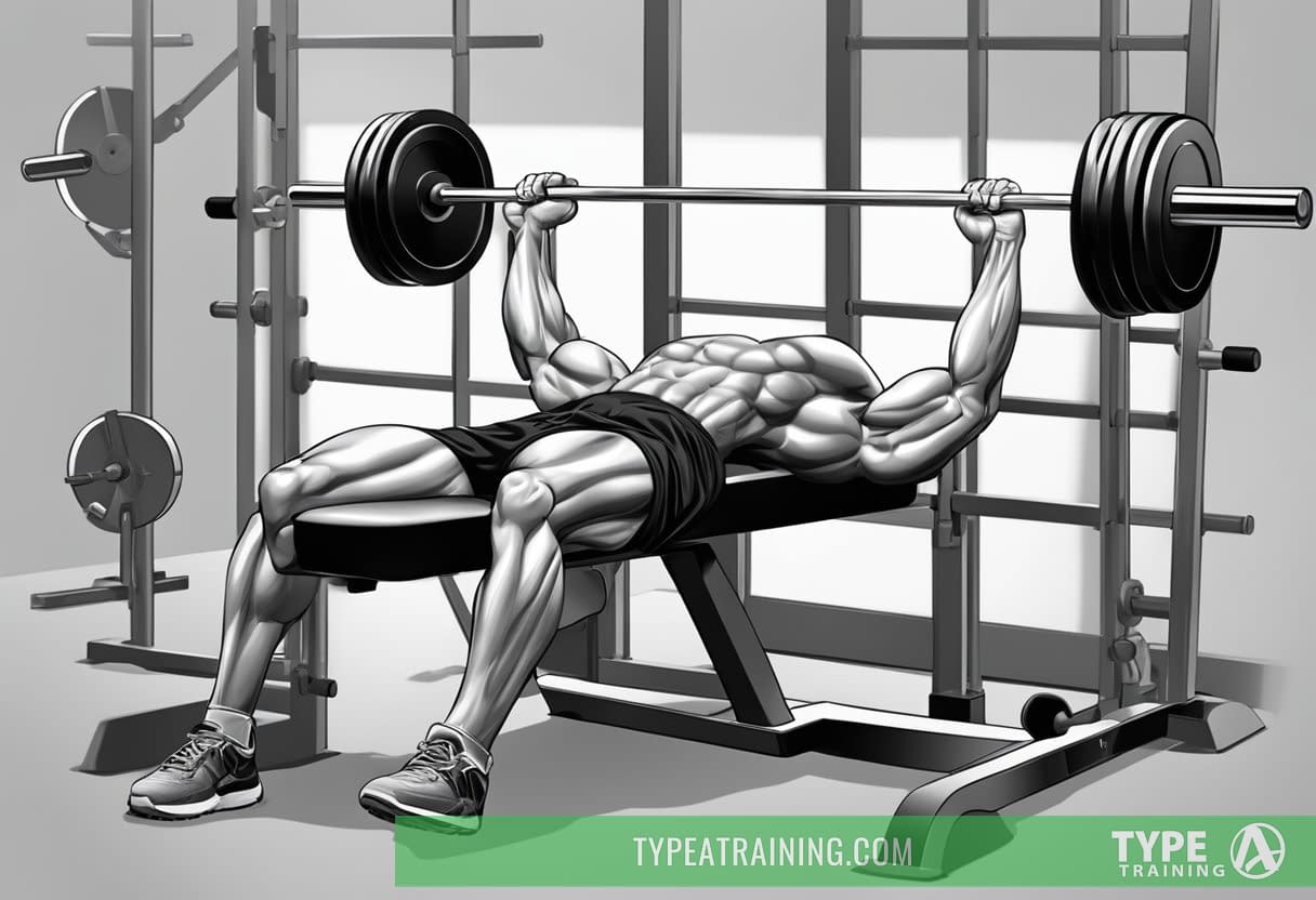 A person lying on a weight bench, with a barbell above them, ready to perform a bench press. A spotter may be present for safety