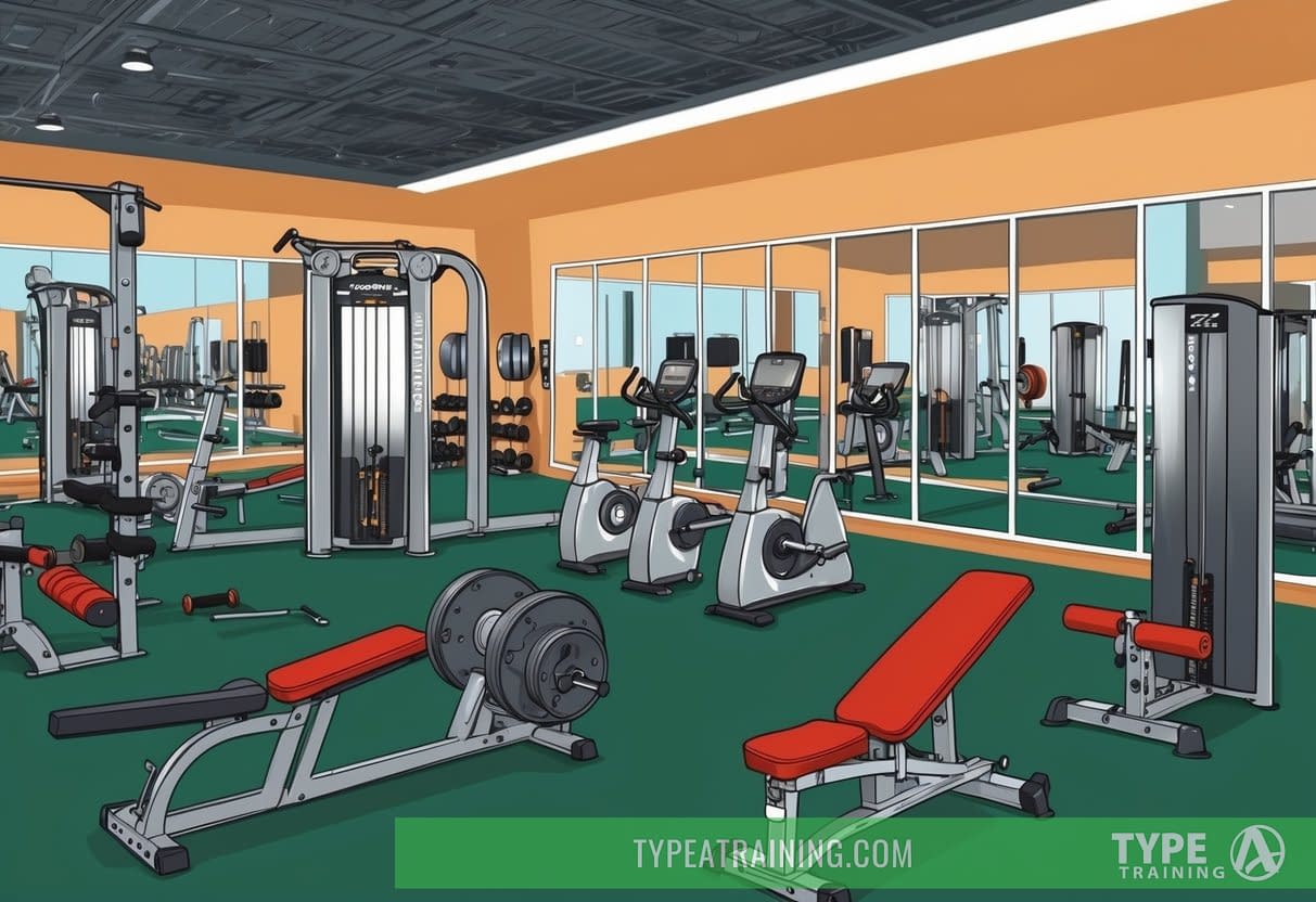 A gym with various equipment and training modalities, including free weights, machines, cardio machines, and functional training areas