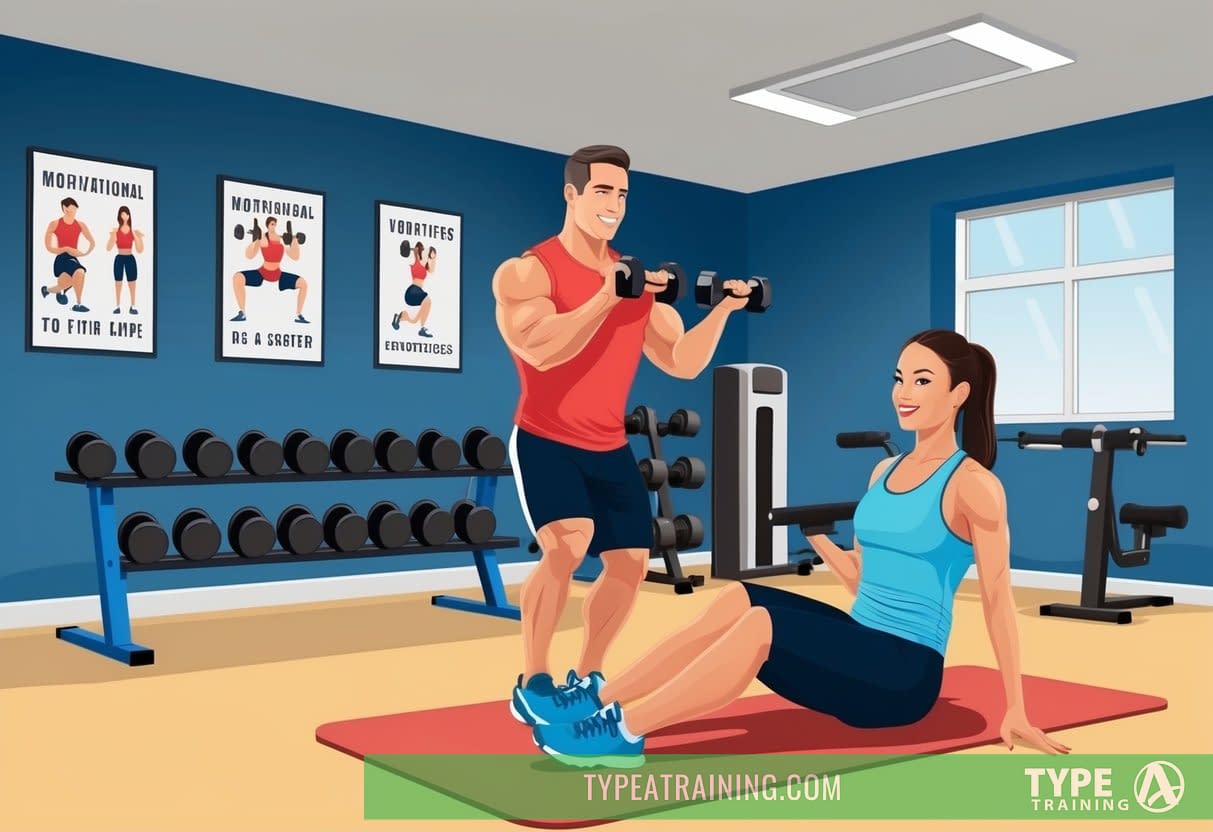 A personal trainer guiding a client through various exercises in a well-equipped gym with motivational posters on the walls