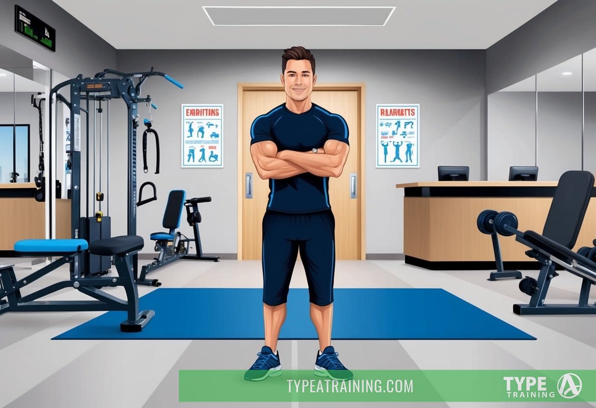A personal trainer standing in front of a modern gym with various exercise equipment, surrounded by motivational posters and a reception desk