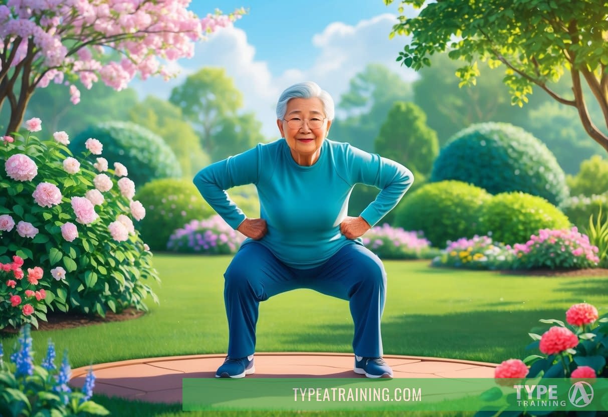 An elderly person performing squats in a peaceful garden setting, surrounded by blooming flowers and lush greenery