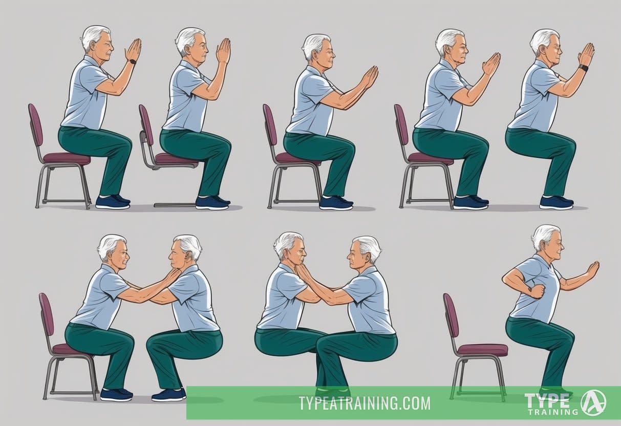 An elderly person performing various squat variations with proper form, using a chair for support