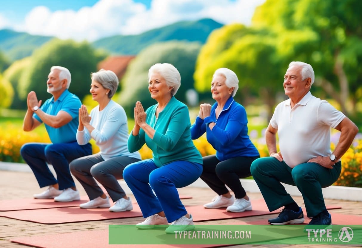 A group of elderly individuals performing squats outdoors, with a vibrant and scenic background suggesting health and longevity
