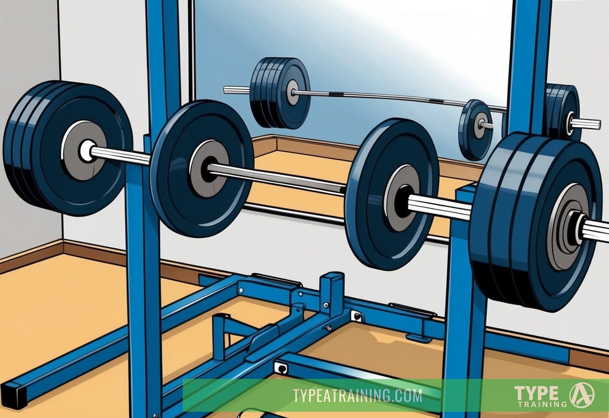 A weightlifting bar loaded with plates, positioned on a squat rack, with a mirror in the background reflecting the equipment