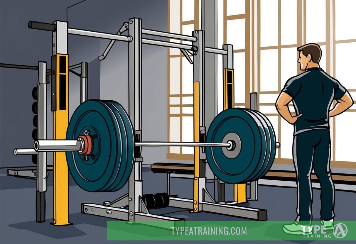 A weightlifting bar loaded with plates, positioned on a squat rack in a gym. A trainer stands nearby, observing the bar