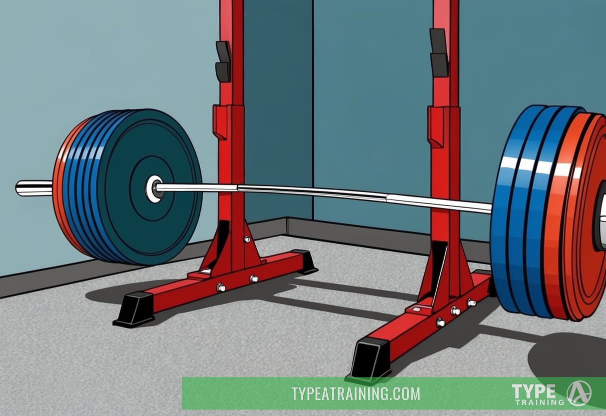 A weightlifting bar with plates stacked on each end, positioned on a squat rack within a gym setting