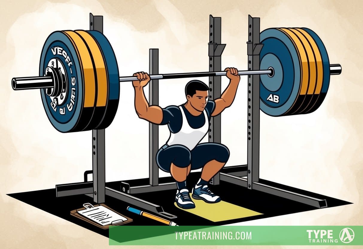 A weightlifting bar loaded with plates, set on a squat rack. A tape measure and clipboard with a pen nearby. A focused athlete preparing to lift