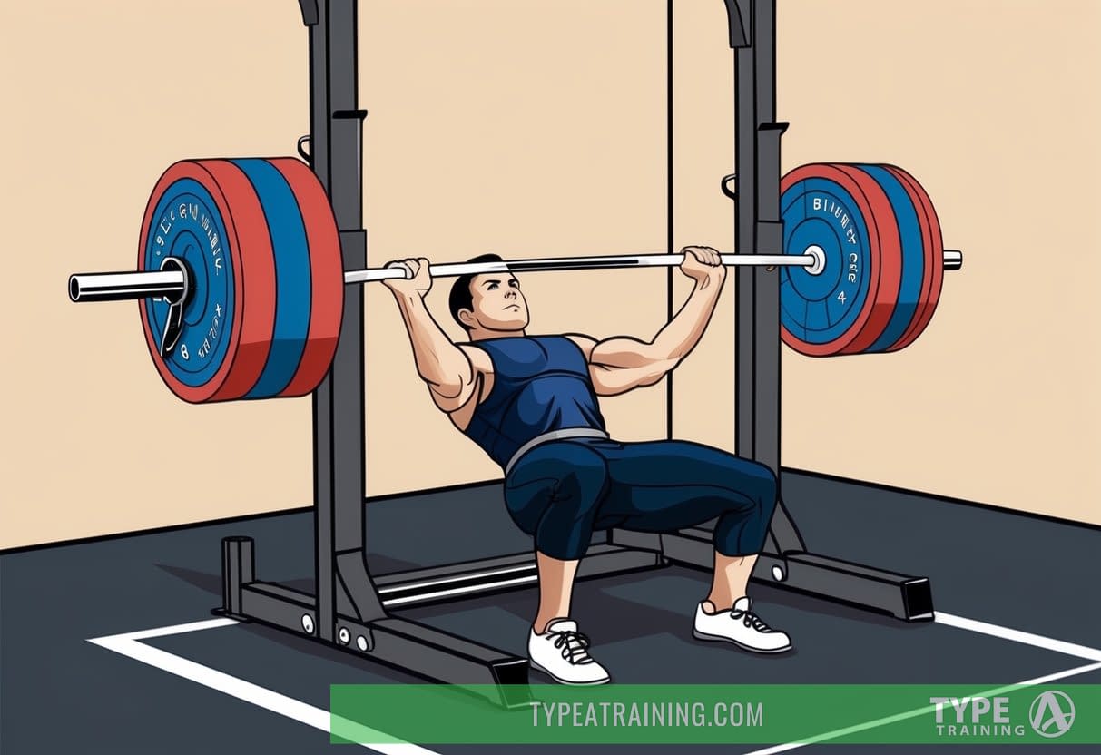 A weightlifting bar loaded with plates, positioned on a squat rack in a gym