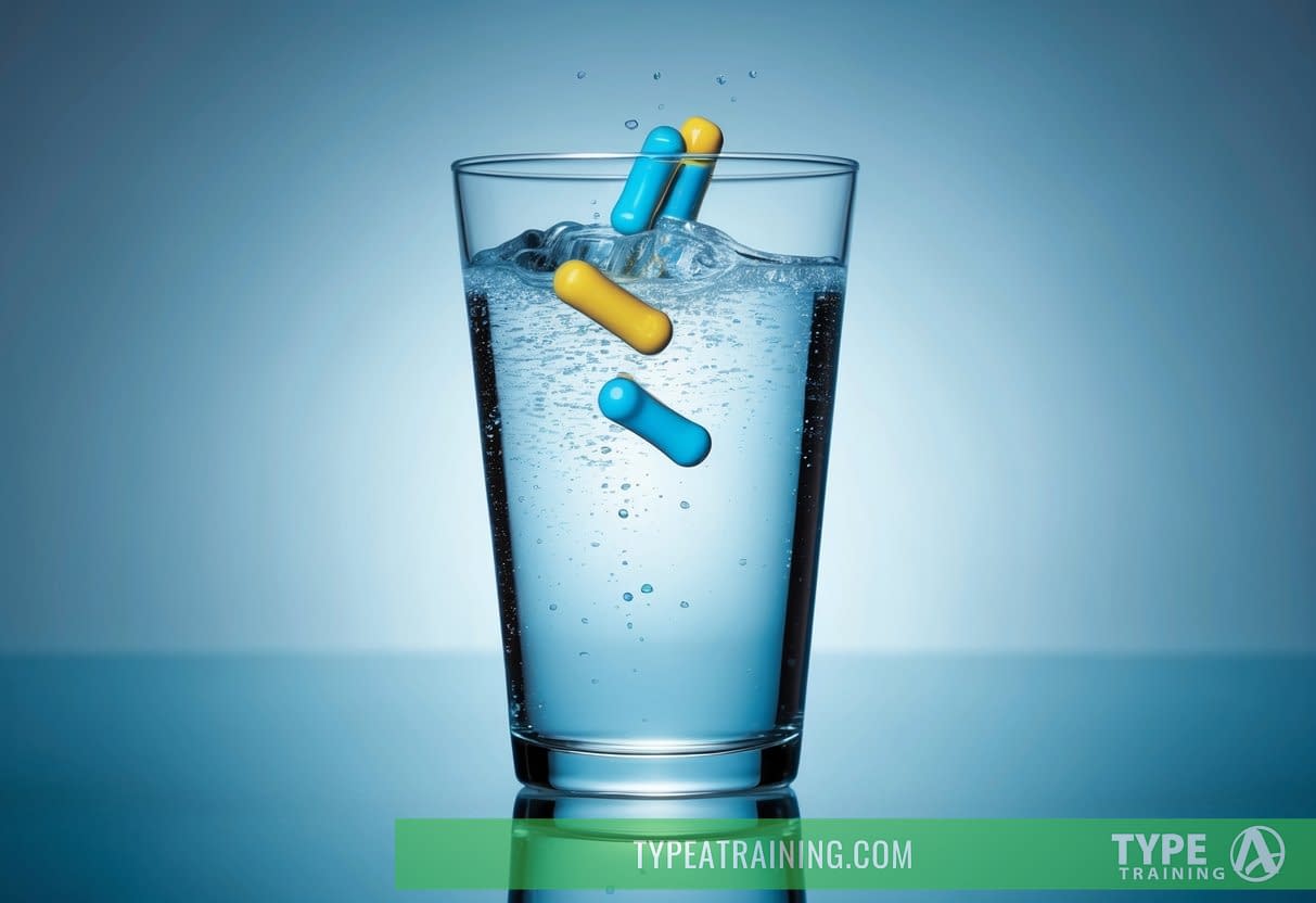 A glass of sparkling water with PFAS chemicals floating on the surface